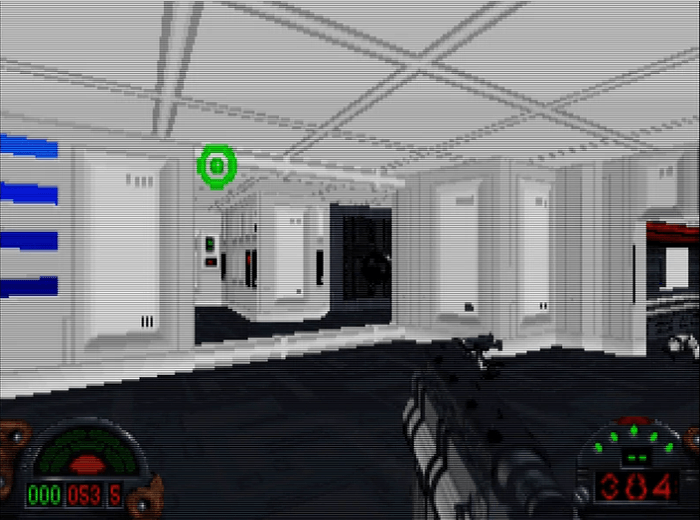Dark Forces 64 Imperial base interior with crosshair HUD