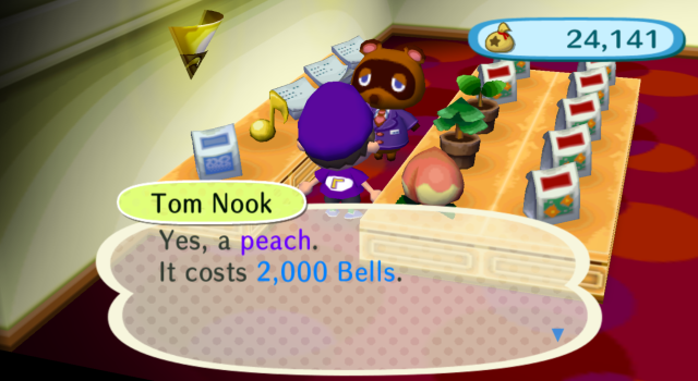 Tom Nook selling peach and K.K. Slider song track in City Folk Deluxe