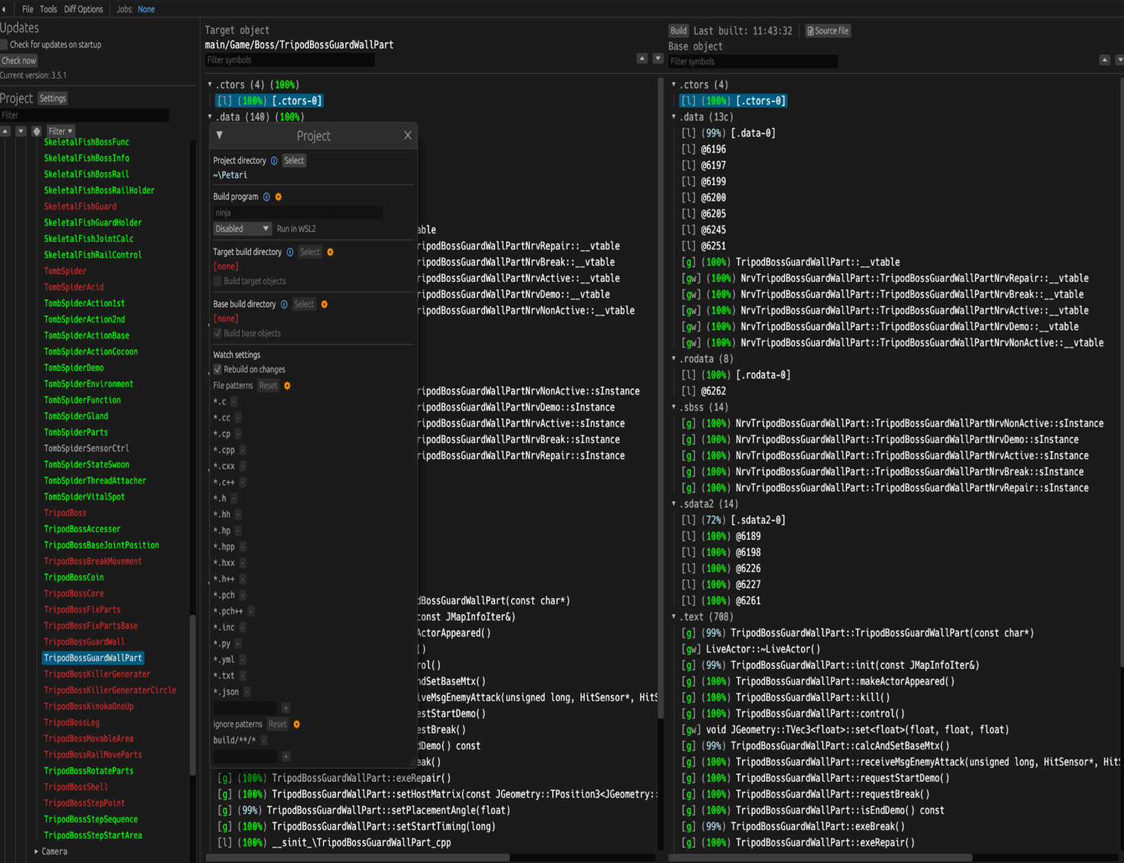 Petari decompilation progress and matching assembly diffs via objdiff