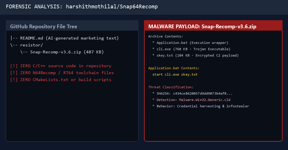 Forensic breakdown of the fraudulent Snap64Recomp repository and its malware payload