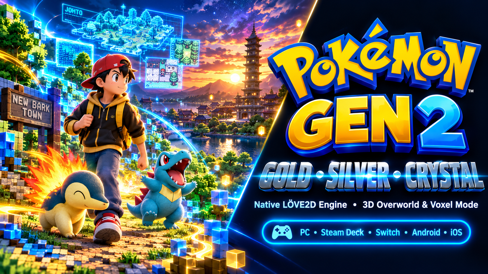 Pokémon Gold, Silver & Crystal Recreated Natively in LÖVE2D: Gen2Recomp Adds 3D Free-Roam Overworld, Voxel Engine, and UDP Netplay