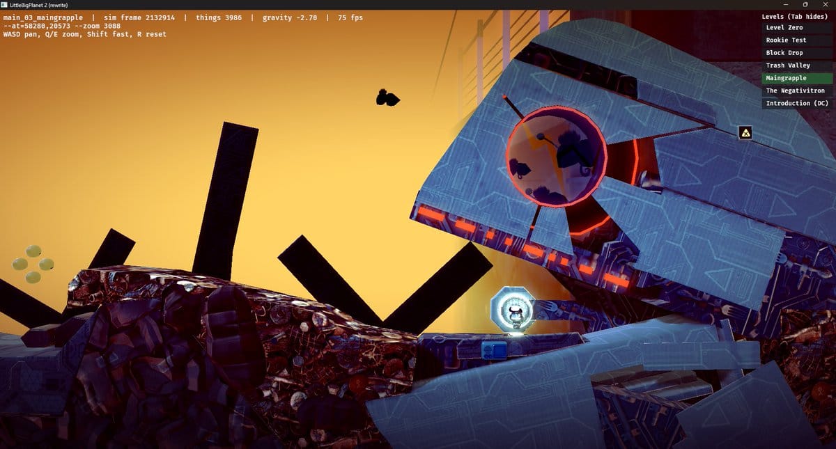 Sackboy standing before the colossal mechanical boss in Maingrapple running in the Rust engine