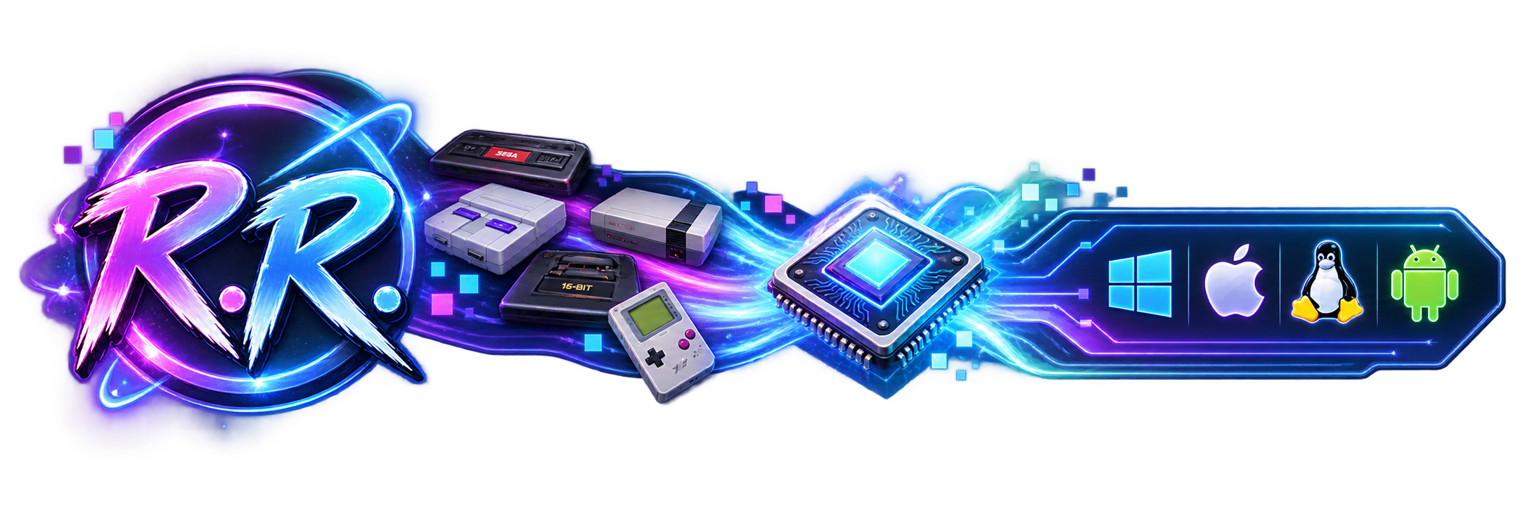 RetroRecomp banner showing retro consoles flowing through a silicon processor into Windows, Apple, Linux and Android platforms