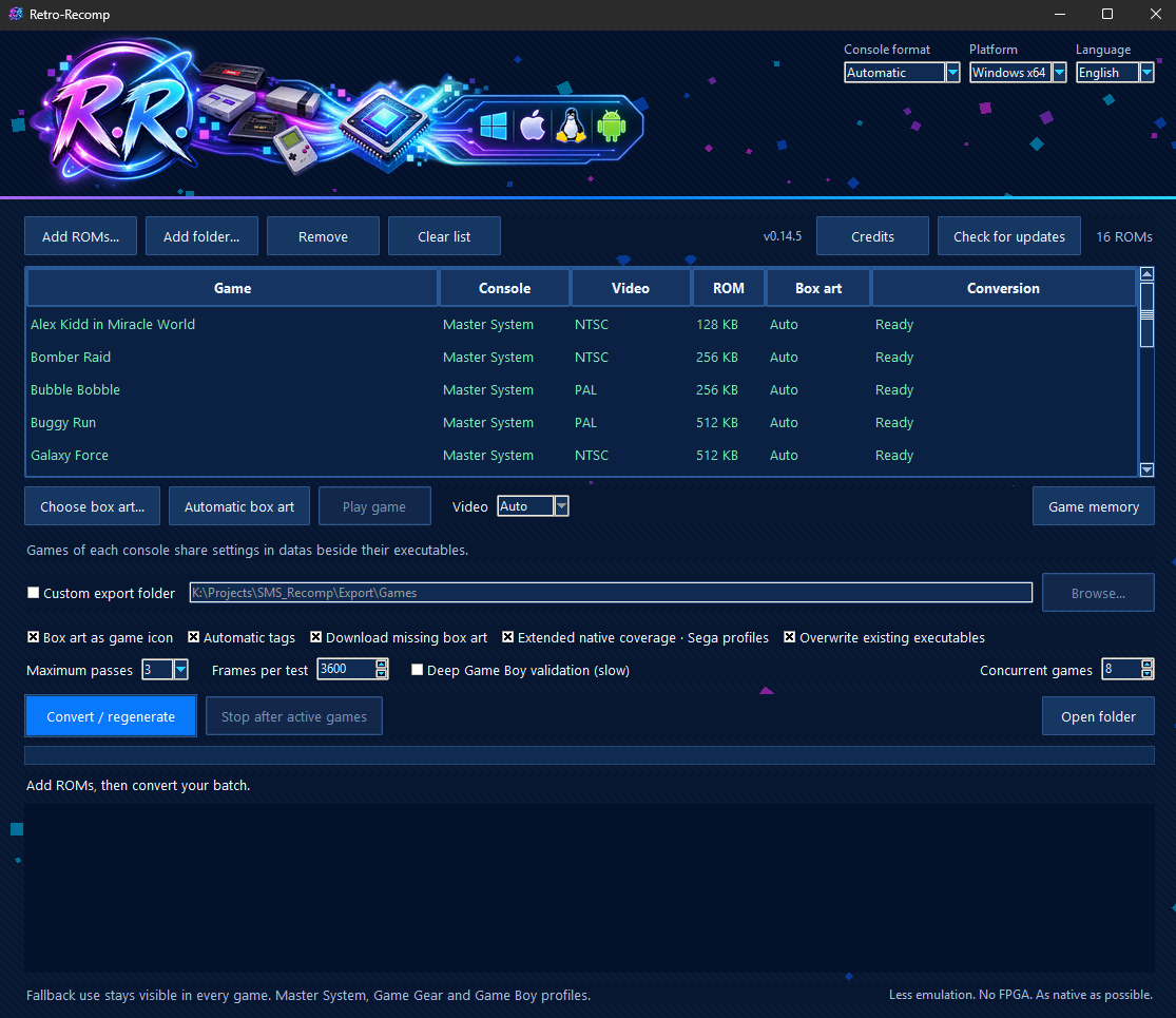 RetroRecomp batch converter GUI showing ROM queue, console format detection, and conversion options