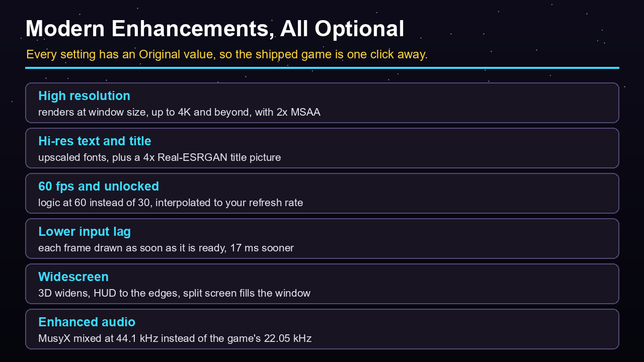 Modern enhancements in the Rush 2049 recompilation