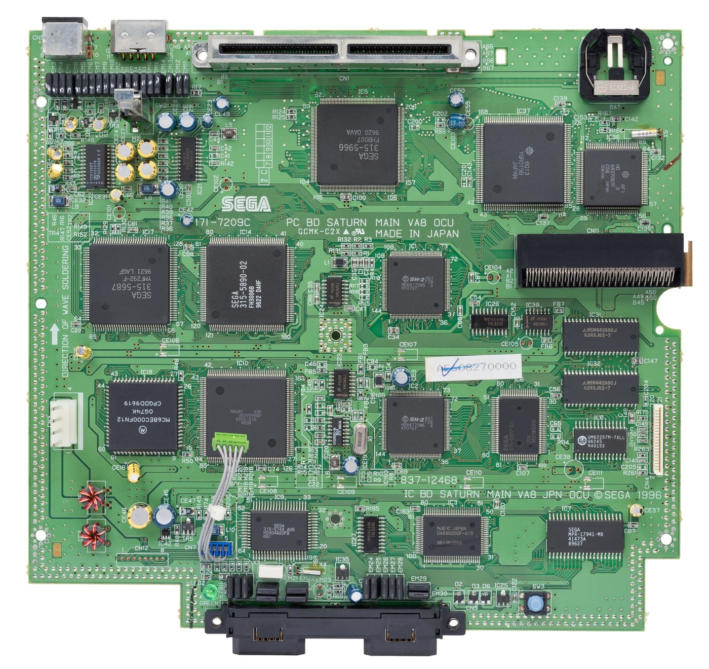 The original Sega Saturn motherboard showing twin SH-2 CPUs, VDP1, VDP2, and SCU chips