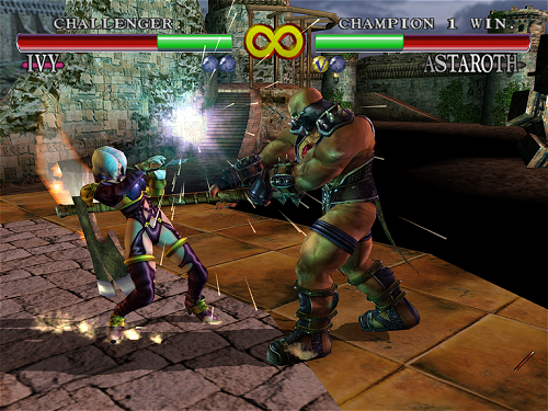 SoulCalibur Ivy fighting Astaroth in the castle grounds
