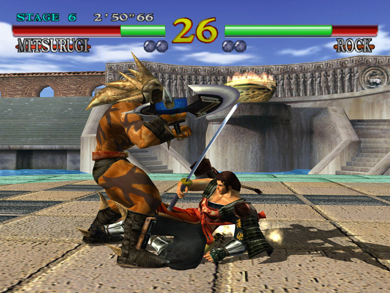 SoulCalibur battle running on PC showing Mitsurugi versus Rock in the Colosseum stage