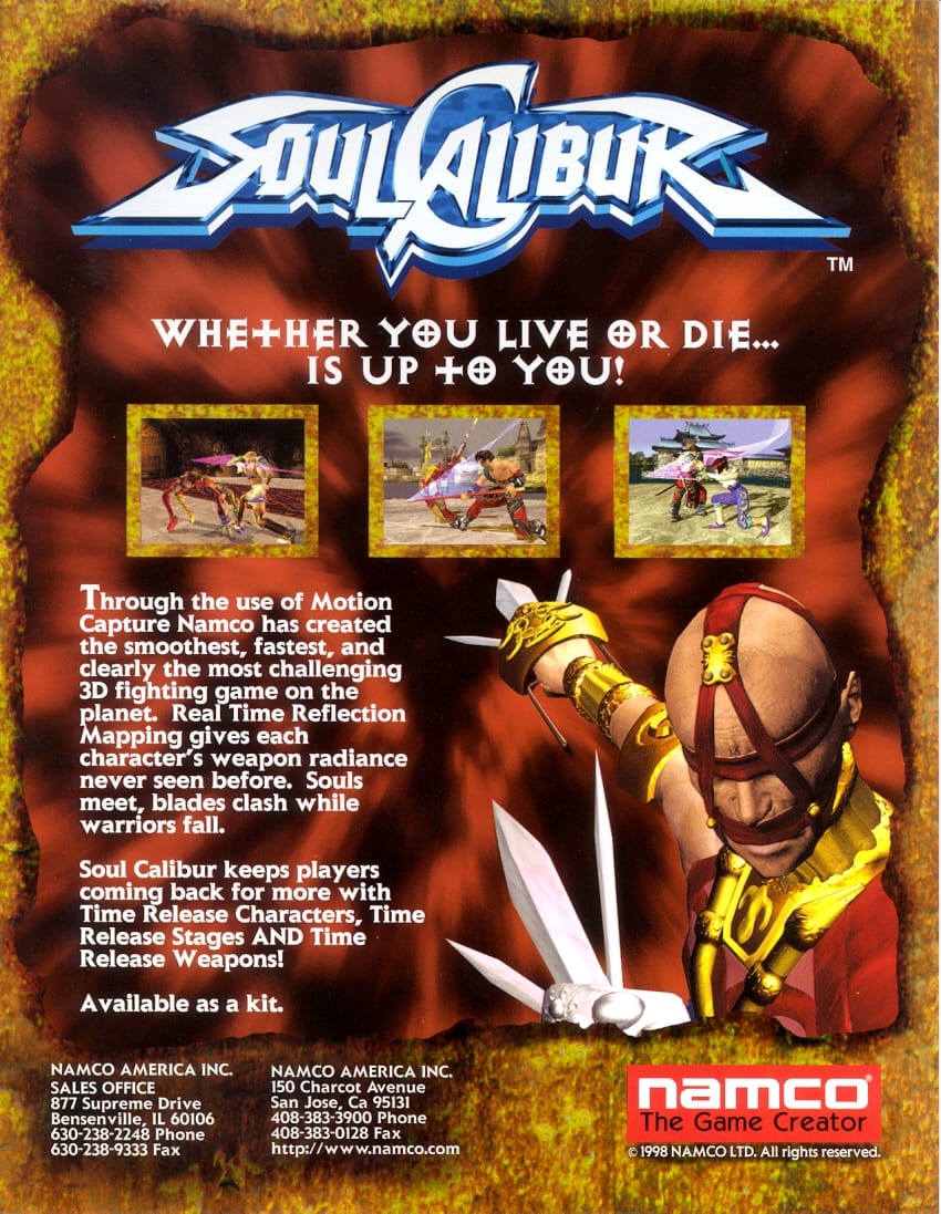 Original 1998 Namco SoulCalibur arcade sales flyer featuring Voldo