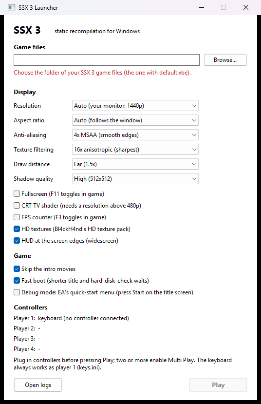 SSX 3 Recomp Launcher Interface