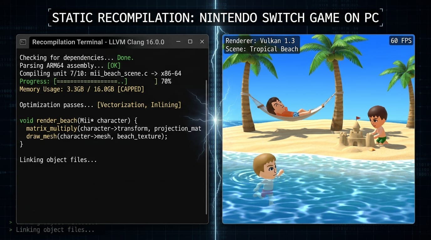 Technical breakdown showing LLVM Clang compilation of ARM64 units next to Vulkan rendered Tomodachi beach scene