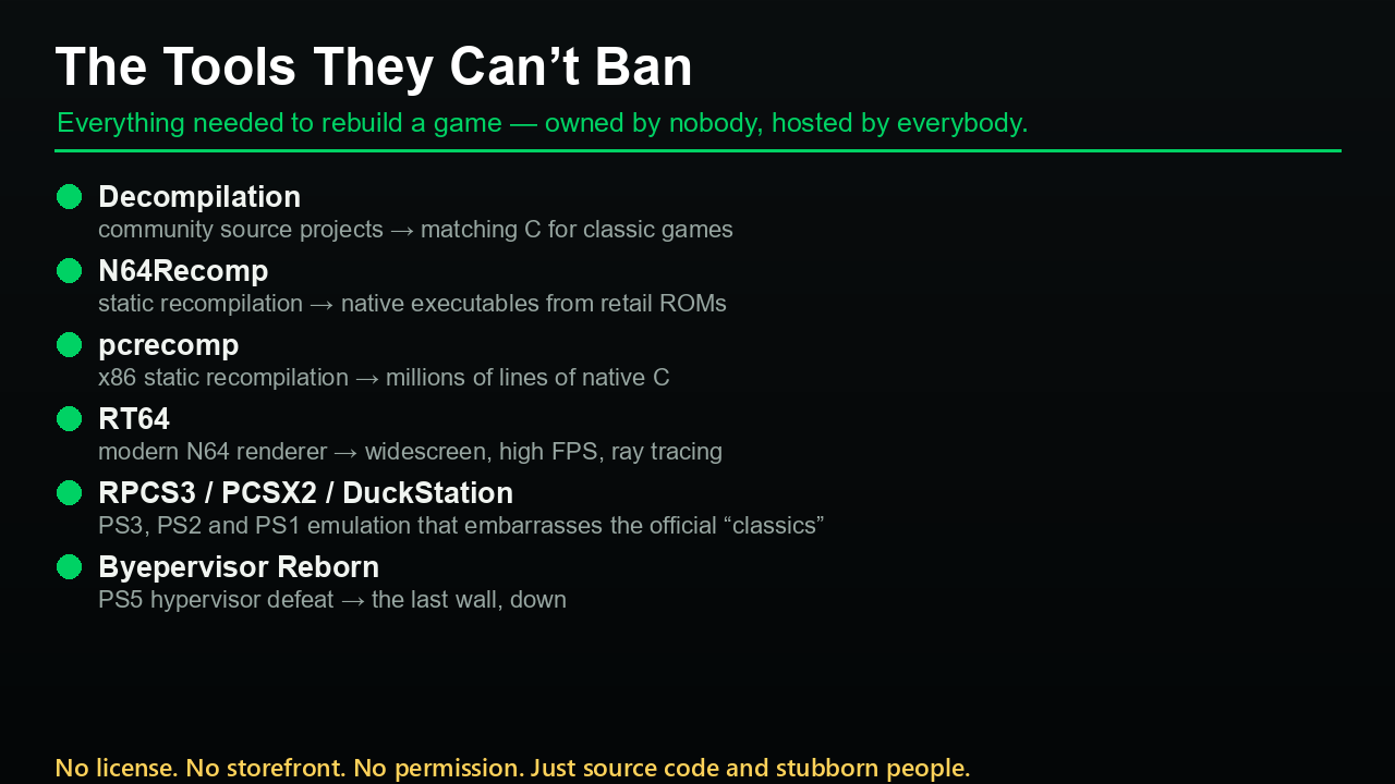 The tools they can't ban: decompilers, recompilers, emulators