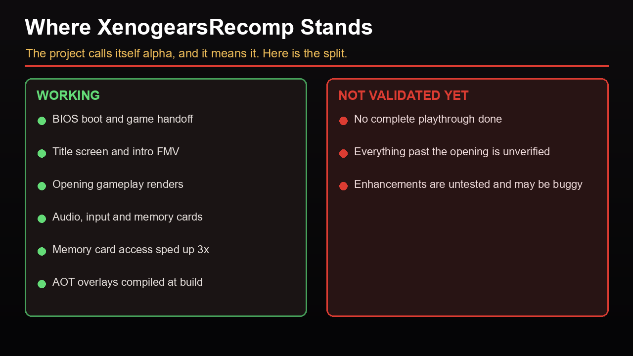 XenogearsRecomp status: what works and what is unverified